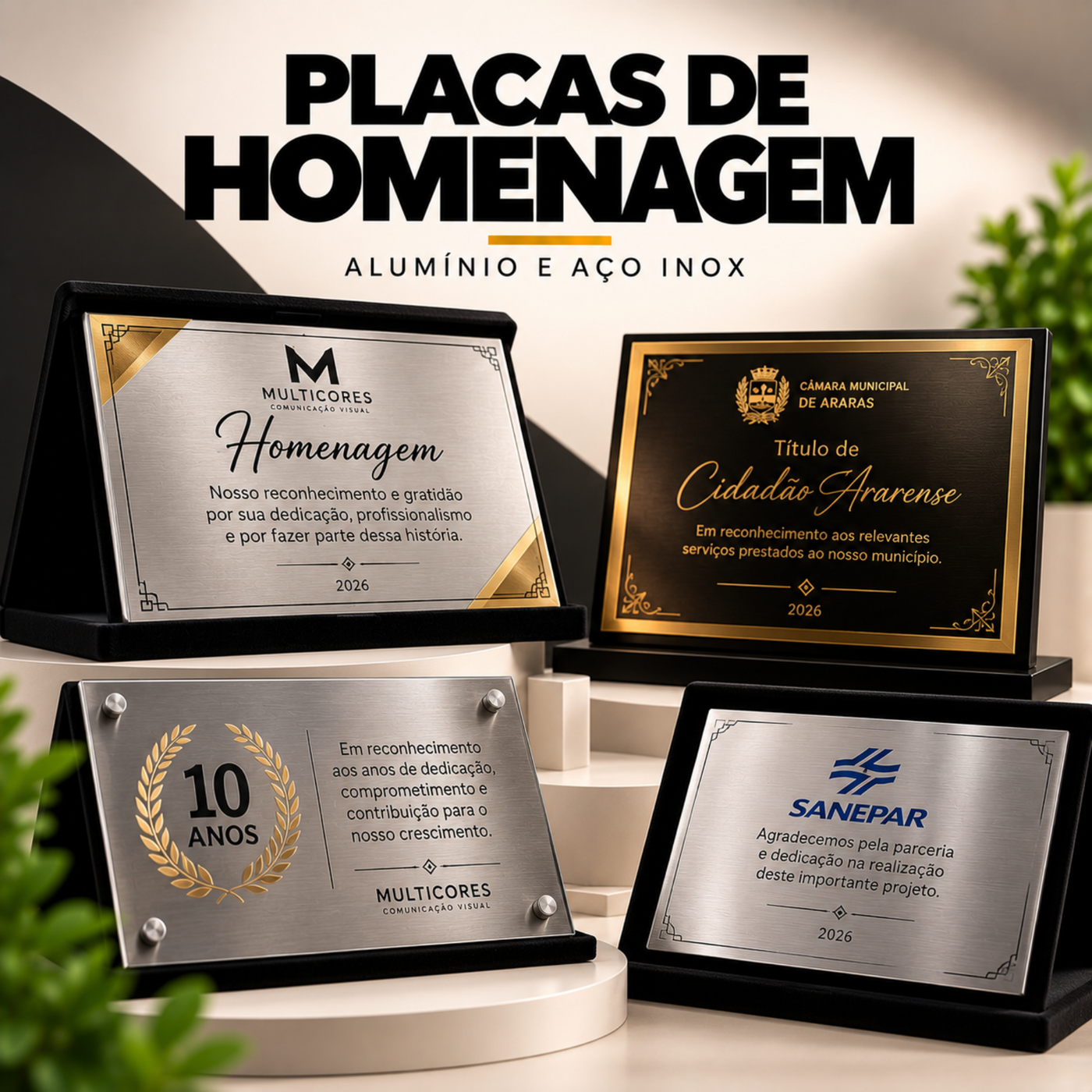placa de homenagem e reconhecimento personalizadas em aluminio e aço inox