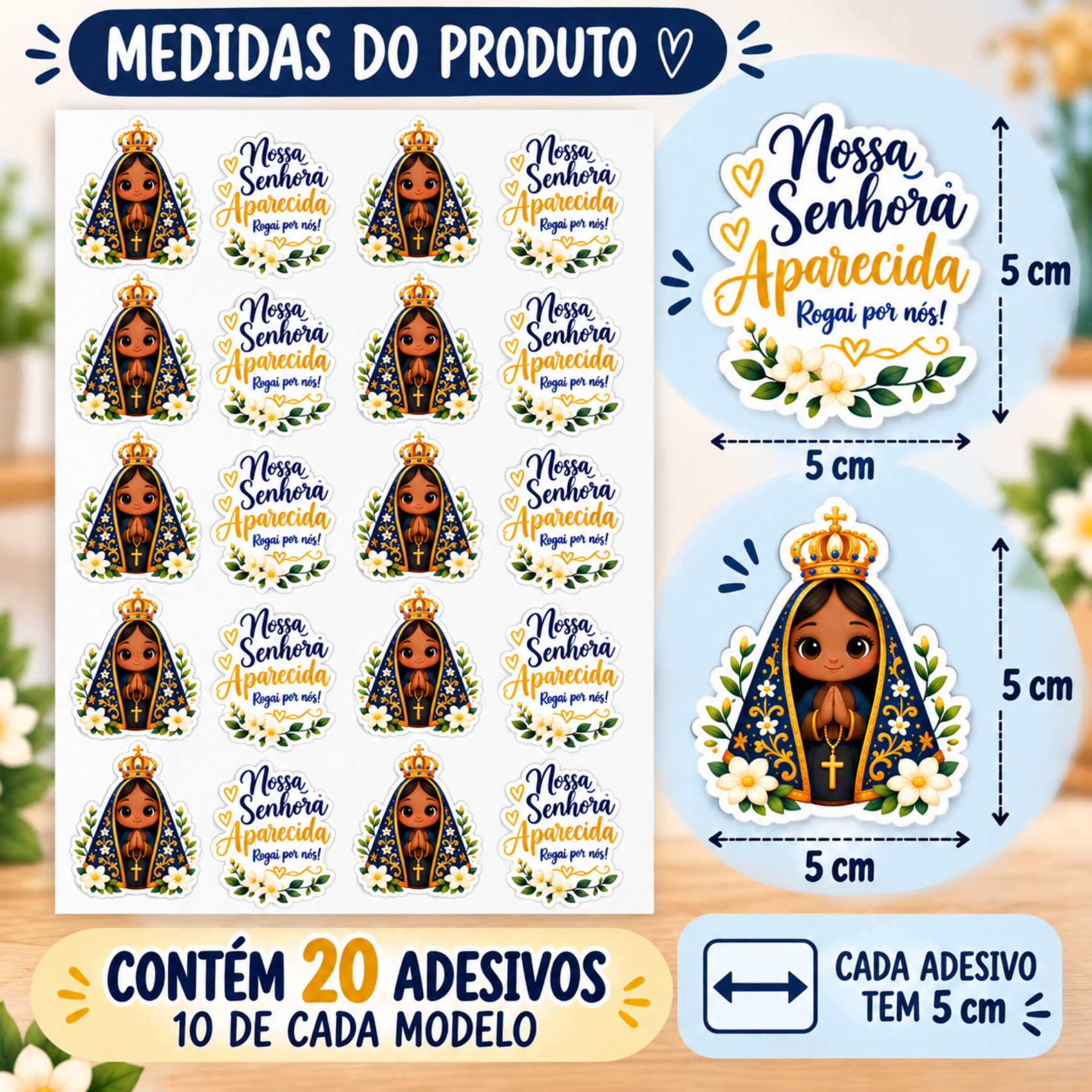 Cartela de Adesivos Religiosos DTF UV - Tema Nossa Senhora Aparecida