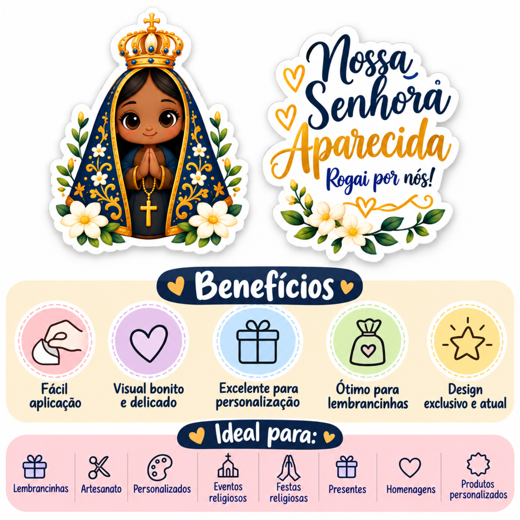 Cartela de Adesivos Religiosos DTF UV - Tema Nossa Senhora Aparecida