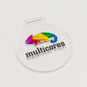 medalha em acrilico com adesivo dtf uv personalização de brindes multicores comunicação visual araras
