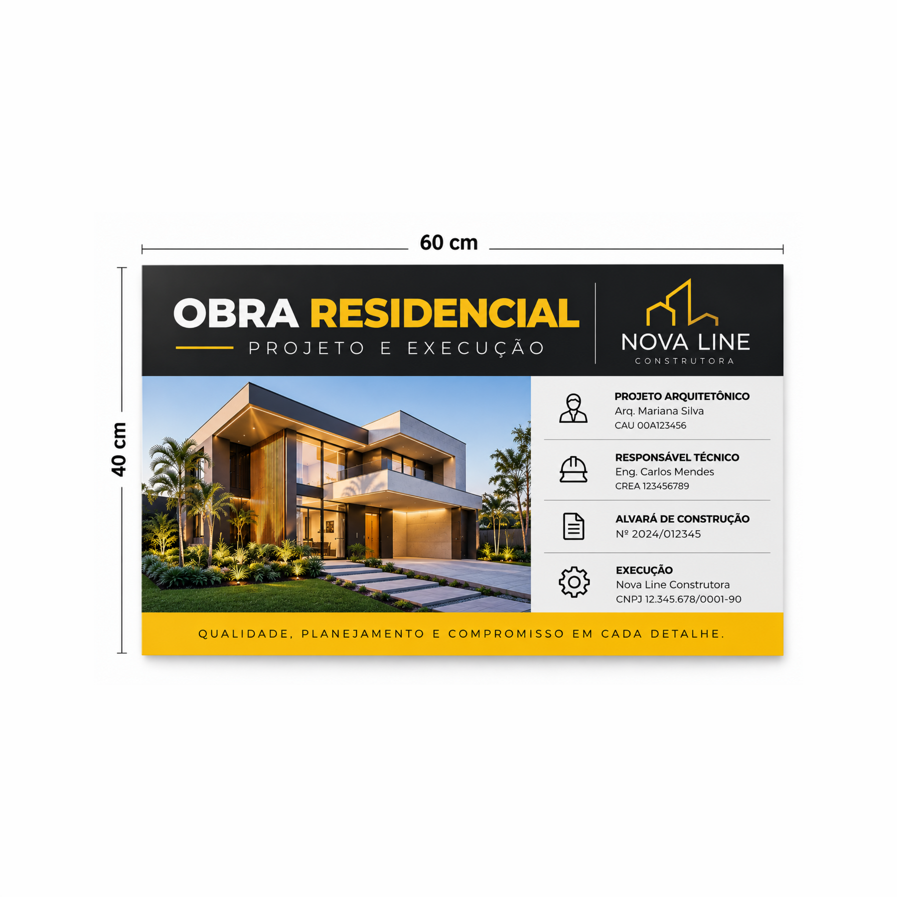 placa para identificação de obras tamanho 60x40cm