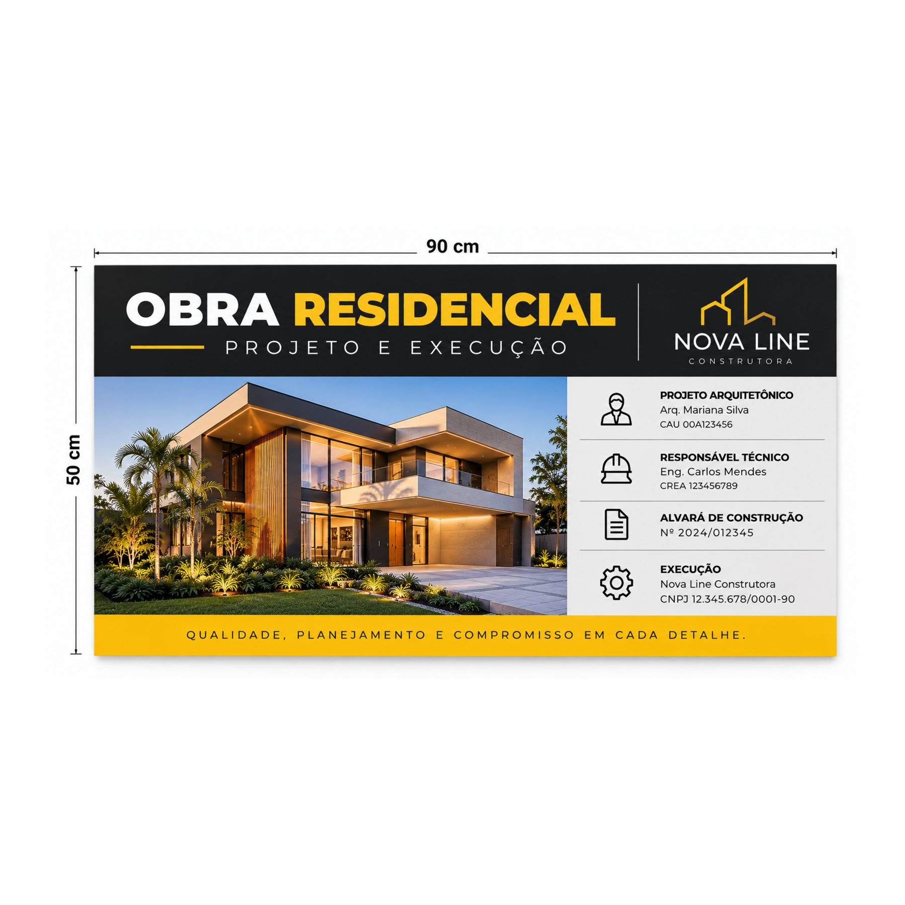 placa para identificação de obras tamanho 90x50cm